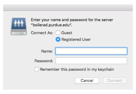 Enter your name and password for the server