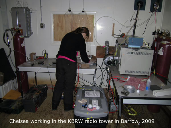 Chelsea working in the KBRW radio tower in Barrow, 2009
