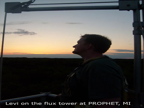 Levi on the flux tower at PROPHET, MI